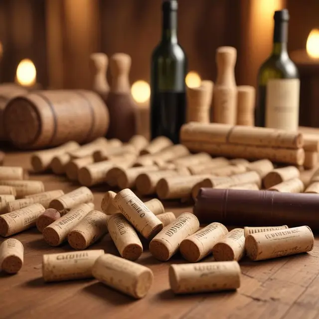 Close-up photo of unique eco-friendly sausage corks displayed on a rustic wooden table with blurred wine and beer bottles in the background, warm natural lighting emphasizing the texture and organic materials, cozy indoor setting evoking artisanal craftsmanship and sustainability.