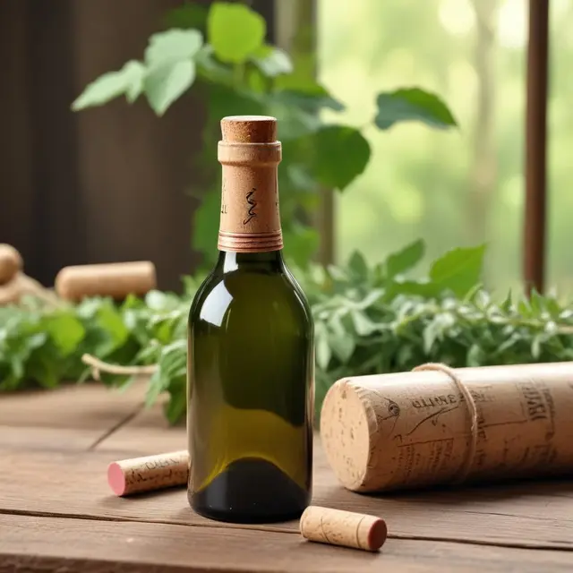 Close-up photo of elegant wine bottle sealed with a natural sausage cork on a rustic wooden table, soft afternoon natural light highlighting the unique texture of the cork, blurred background with hints of green plants and warm cozy indoor setting.