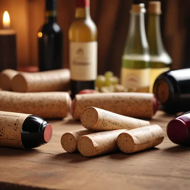 Close-up photo of a handcrafted eco-friendly sausage cork next to wine and beer bottles on a rustic wooden table, soft natural light highlighting textures and earthy tones, cozy indoor setting evoking artisanal craftsmanship.