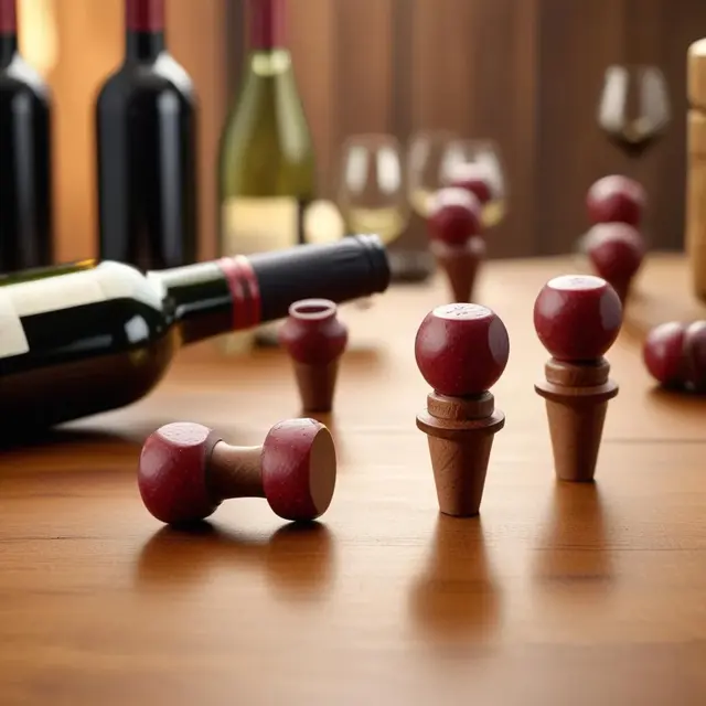 Close-up photo of unique wine bottle stoppers made from sausage, placed alongside elegant wine bottles on a wooden table lit by warm natural light, creating an inviting and rustic atmosphere