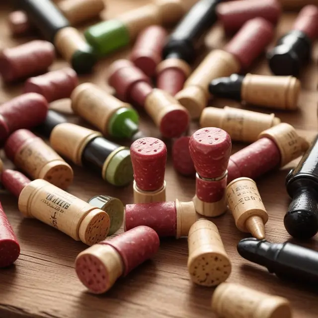 Close-up photograph of uniquely crafted wine and beer bottle stoppers made of natural sausage material, arranged artistically on a wooden surface with soft natural light highlighting textures and rustic details, evoking an eco-friendly and artisanal atmosphere.