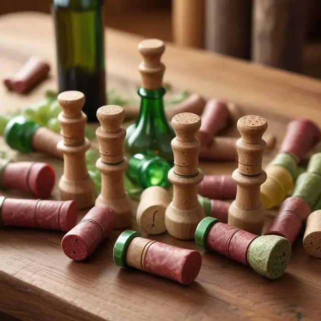 Close-up photo of eco-friendly wine and beer bottle stoppers made of natural sausage material arranged on rustic wooden table, warm natural lighting highlighting organic texture and artisanal craftsmanship, shot in a cozy indoor setting with subtle green and brown tones evoking ecological values and local craft tradition.