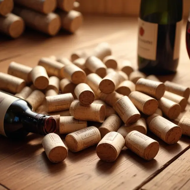 Close-up photo of natural wine and beer bottle corks made from sausage, arranged on a wooden surface in a warmly lit room with rustic decor, evoking eco-friendly and artisanal craftsmanship, soft natural light in the late afternoon.