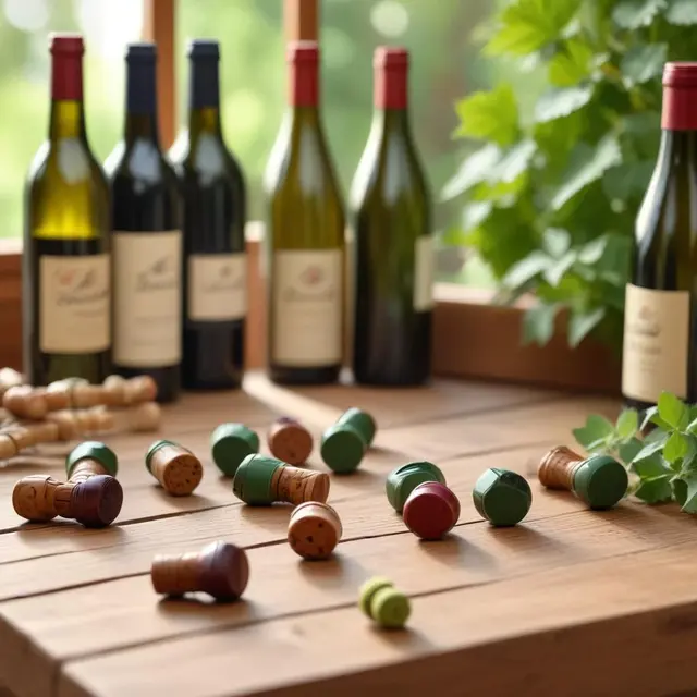 Close-up photo of a wooden table with several eco-friendly wine and beer bottle stoppers made from sausage, natural soft daylight illuminating the scene, rustic background with blurred bottles and green plants, warm and inviting atmosphere