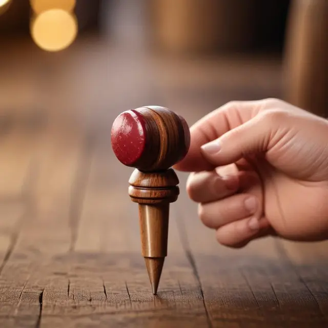 Close-up photo of hand holding an ecological wine stopper made from sausage, with a blurred rustic wooden table background and warm natural light emphasizing the unique texture and craftsmanship