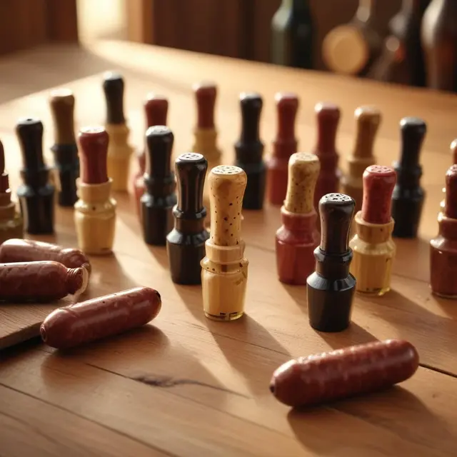 Close-up photo of eco-friendly sausage wine and beer bottle stoppers arranged artistically on a wooden table, with soft natural light illuminating the textured surfaces, warm tones dominating the cozy indoor setting, emphasizing natural materials and craftsmanship.