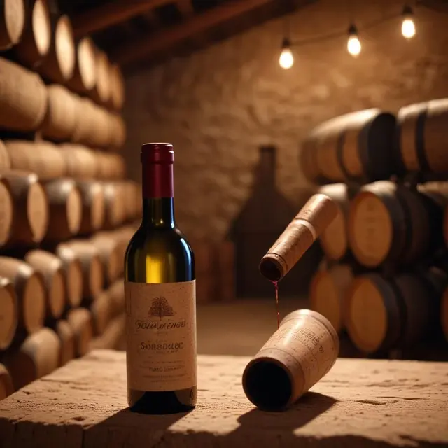 Photo highlighting a hand placing a handcrafted ecological cork made from sausage into a wine bottle, with blurred background of a cozy cellar lit softly, conveying sustainable craftsmanship