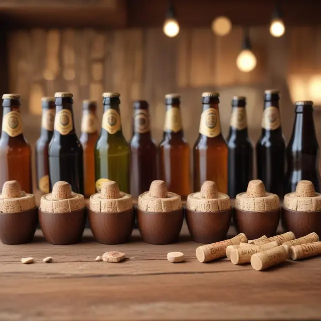 Photorealistic image of craft beer bottles sealed with eco-friendly sausage corks, arranged on a rustic wooden bar counter under soft daylight, emphasizing natural textures and unique design