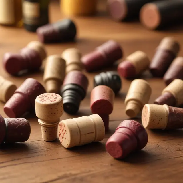 Close-up photo of unique wine and beer bottle stoppers made from natural sausage material displayed on a wooden surface, with soft natural lighting highlighting rustic textures and warm earthy colors, set in a cozy, ambient room with blurred background emphasizing artisanal craftsmanship.
